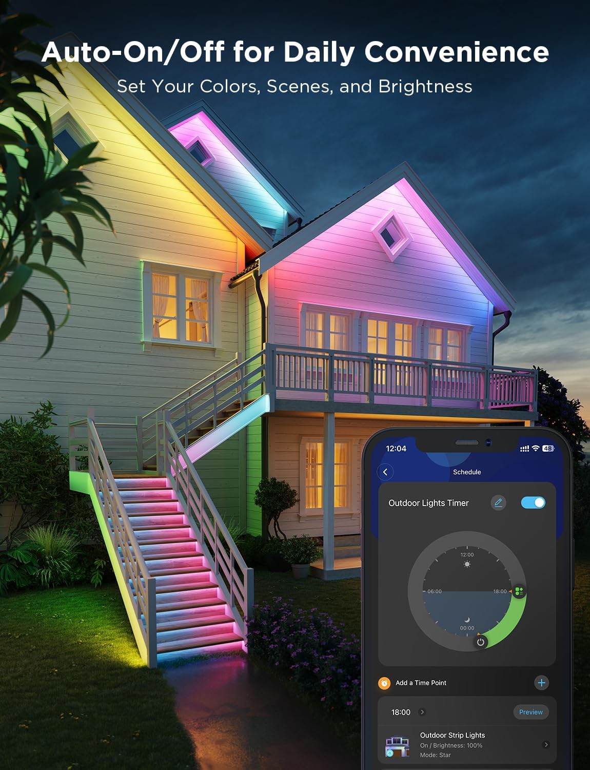 Color-changing outdoor LED strip lights with timer and app control