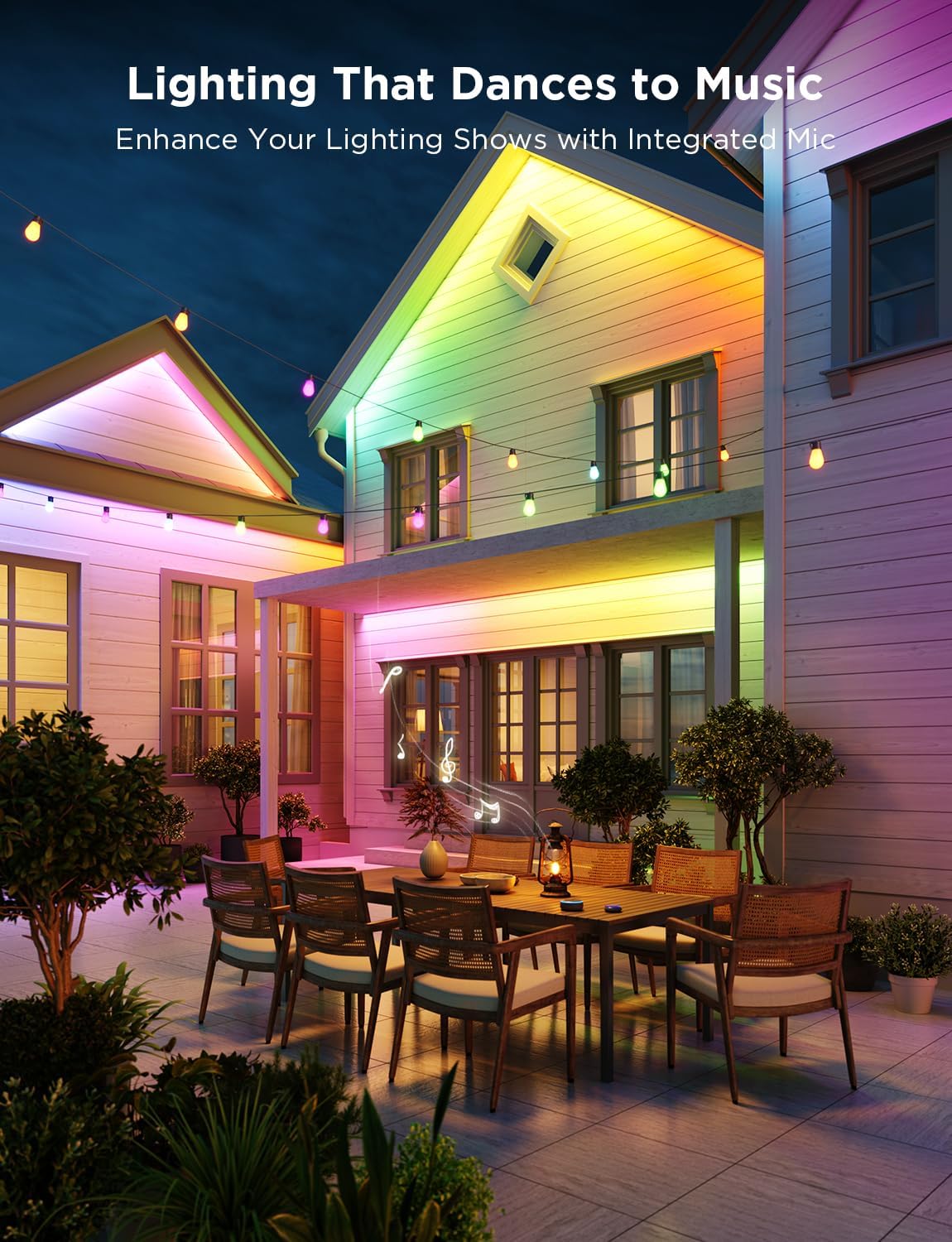 Colorful outdoor LED strip lighting on house exterior