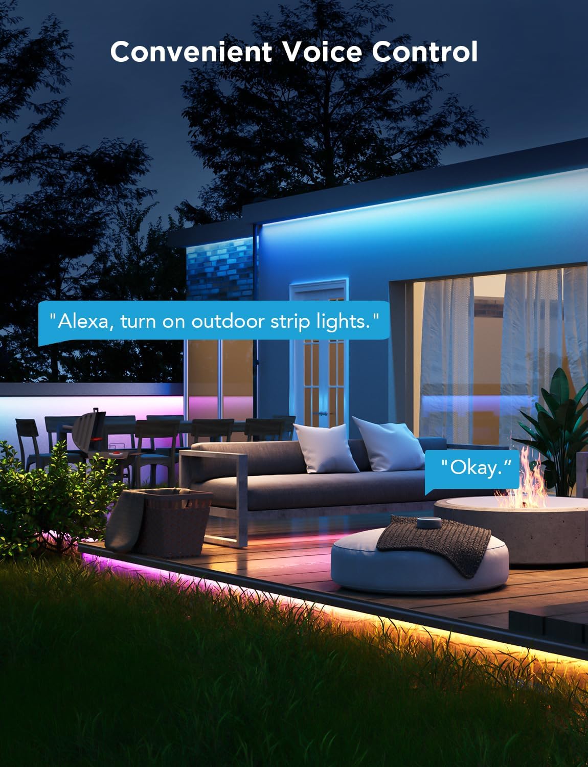 Outdoor LED strip lighting on patio with voice control