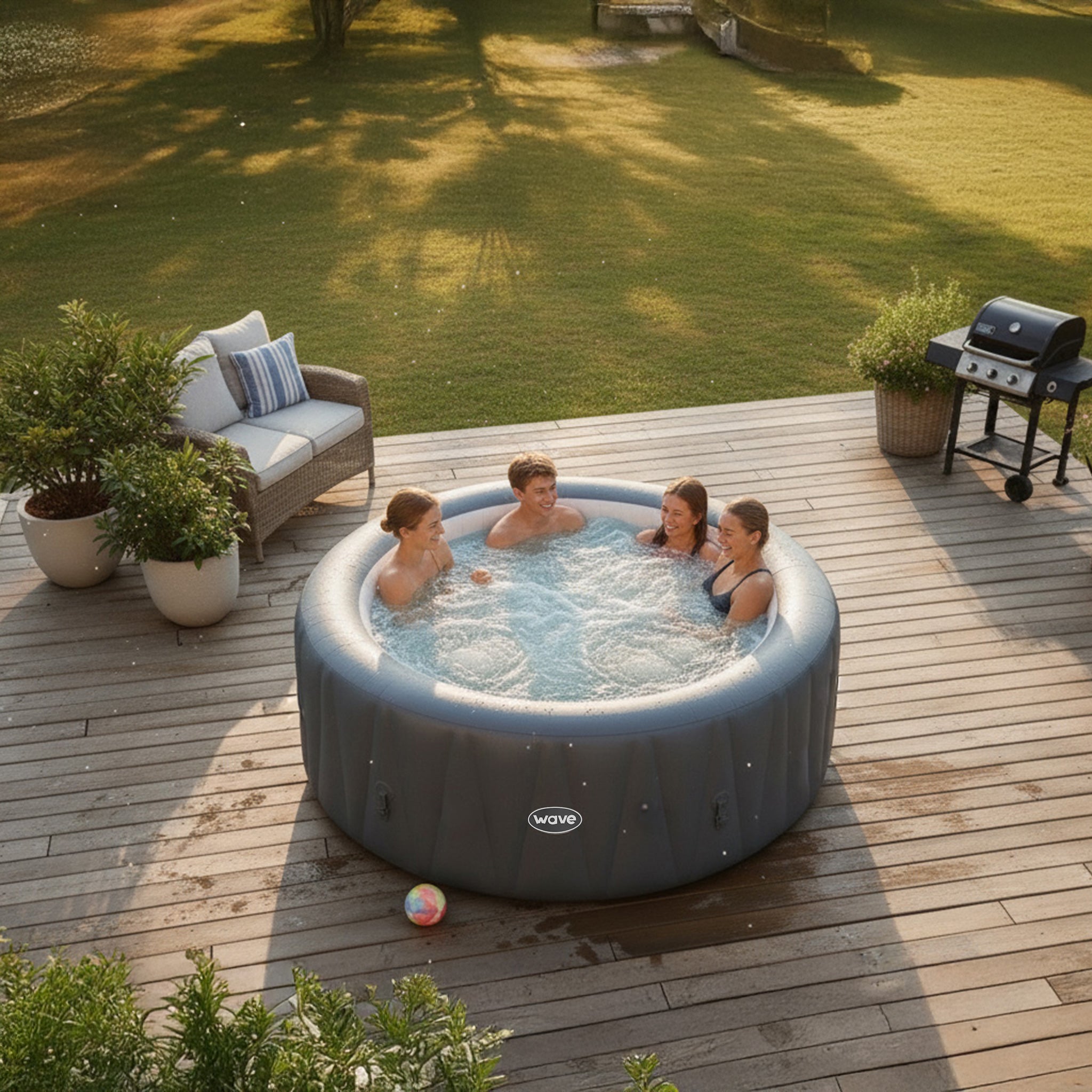 Aerial view of the Wave Spas Atlantic 4-Person Inflatable Hot Tub set up on a modern paved patio. This top-down perspective showcases the spacious circular interior, the sleek black exterior walls, and the external motor unit. Ideal for visualizing how this 180cm diameter spa fits into a contemporary outdoor living space.