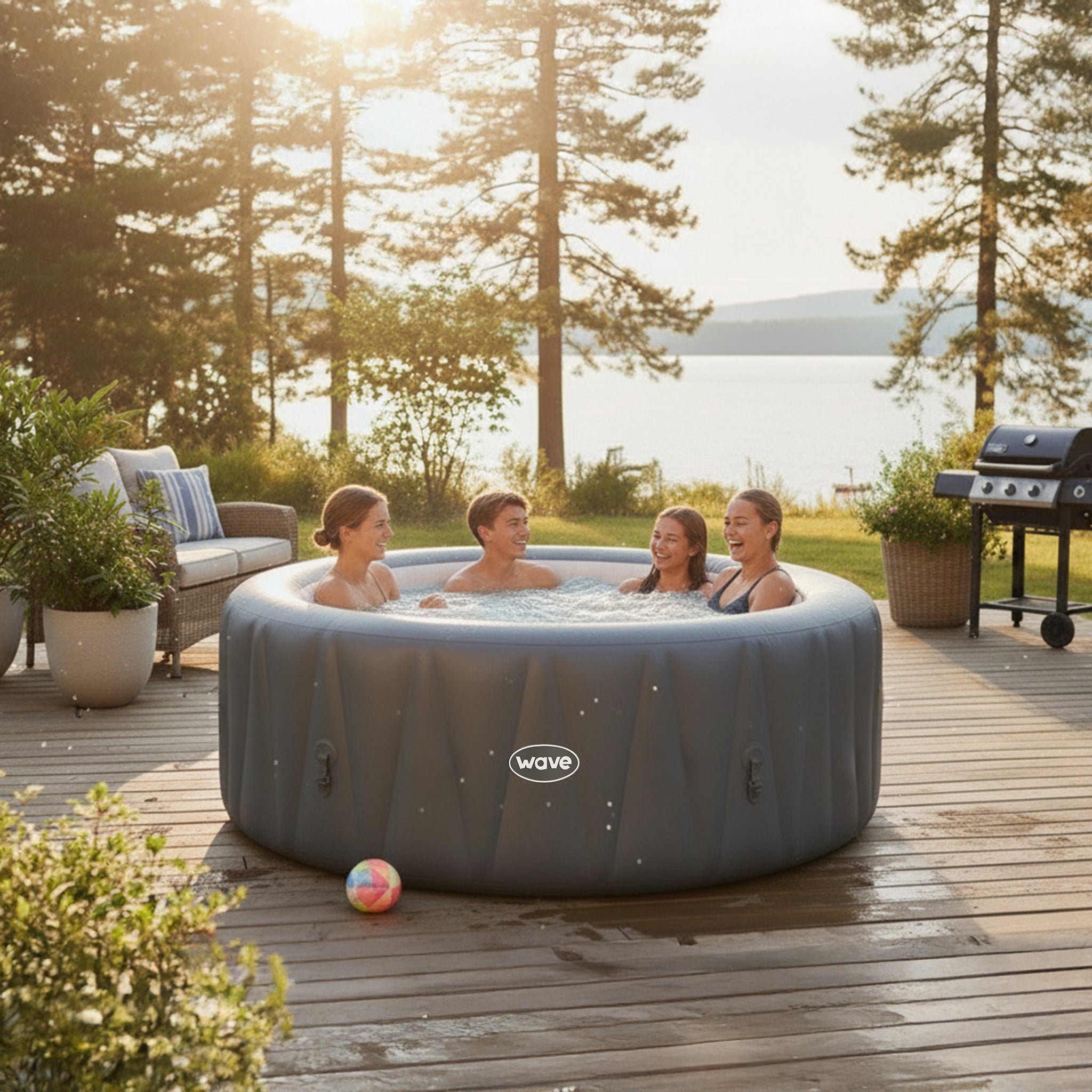 Lifestyle image of the Wave Spas Atlantic 4-Person Inflatable Hot Tub in a contemporary garden setting. The round black spa is shown fully set up on a modern patio, featuring the integrated external heater and pump unit. This 'Hero' shot highlights the sleek, minimalist design of the Atlantic model, perfect for small outdoor spaces and family relaxation.