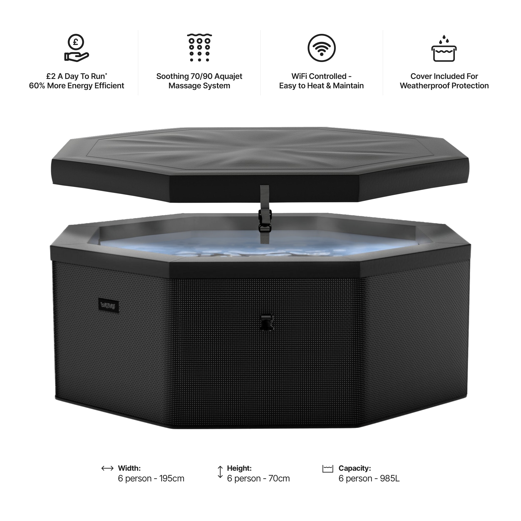 Charcoal black Wave Como hot tub dimensions showing 195cm width and 70cm depth