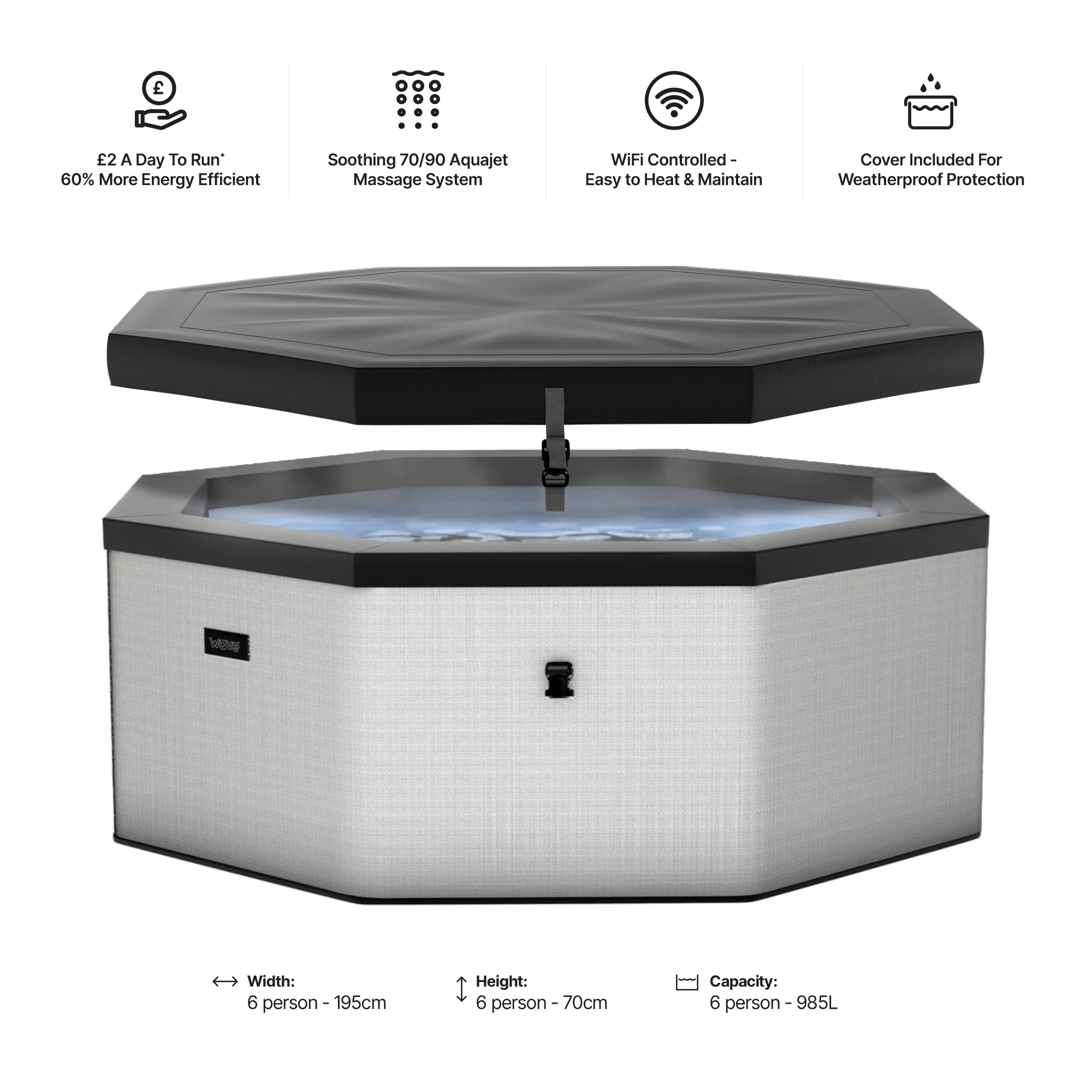 Graphite grey Wave Como hot tub dimensions showing 195cm width and 70cm depth
