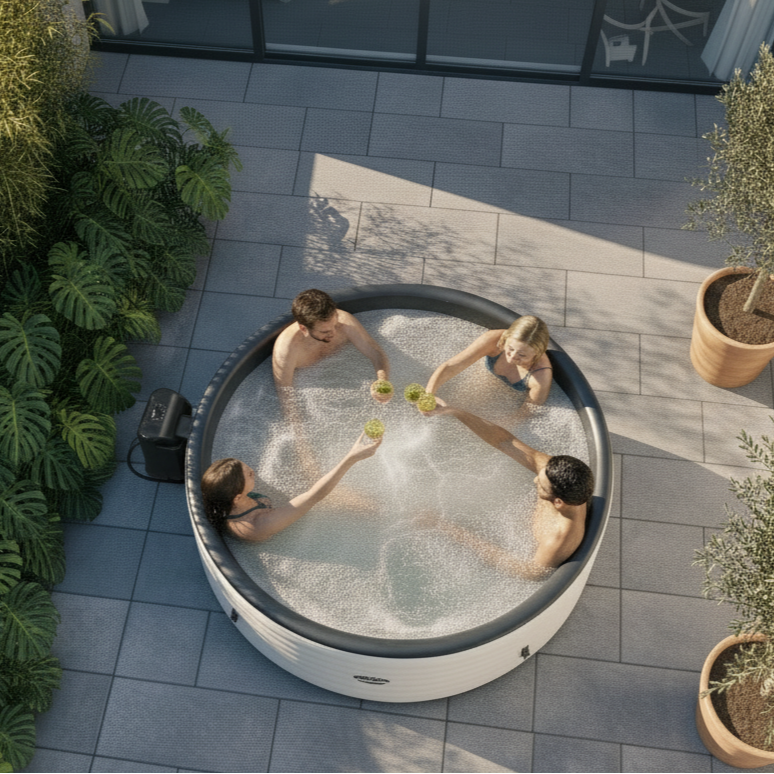 Four people in a hot tub on a patio with plants around