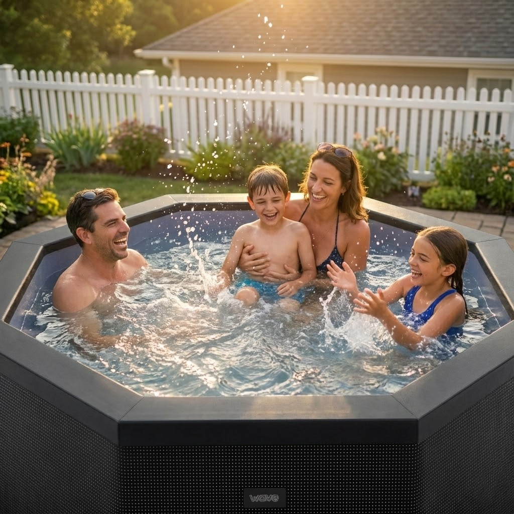 Family enjoying a Wave Como hot tub in a backyard setting with a white picket fence.