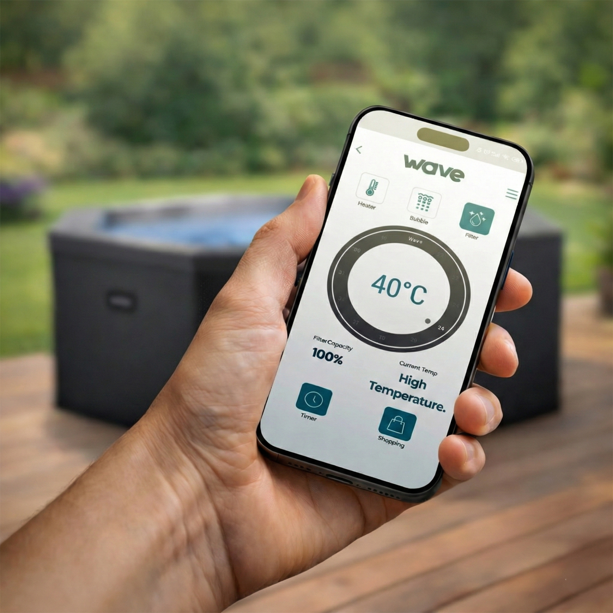 Hand holding a phone showing the Wave spas app with a Wave Como hot tub in the background