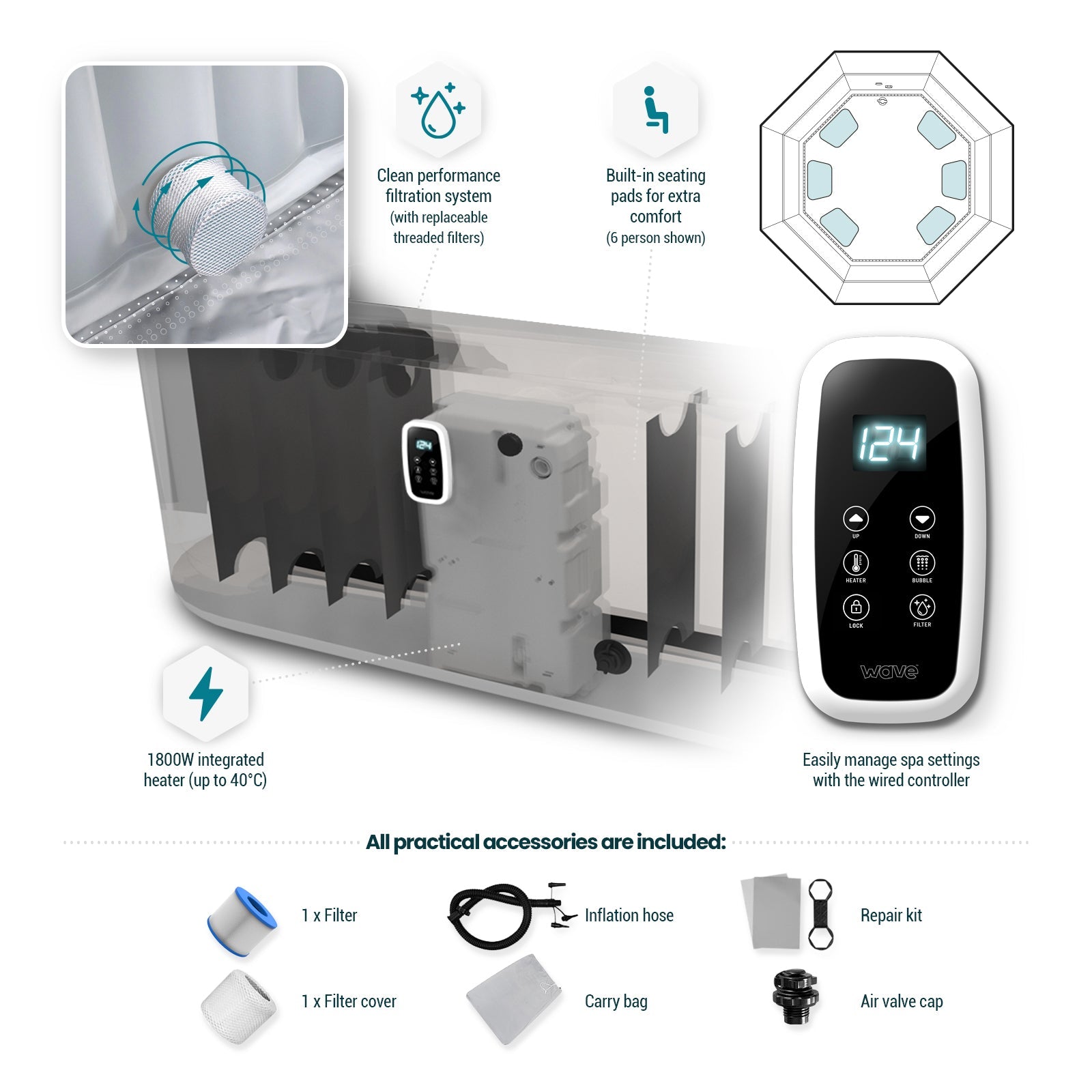 Aegean | 6-Person Inflatable Hot Tub | Integrated Heater Inflatable Spas Wave Spas