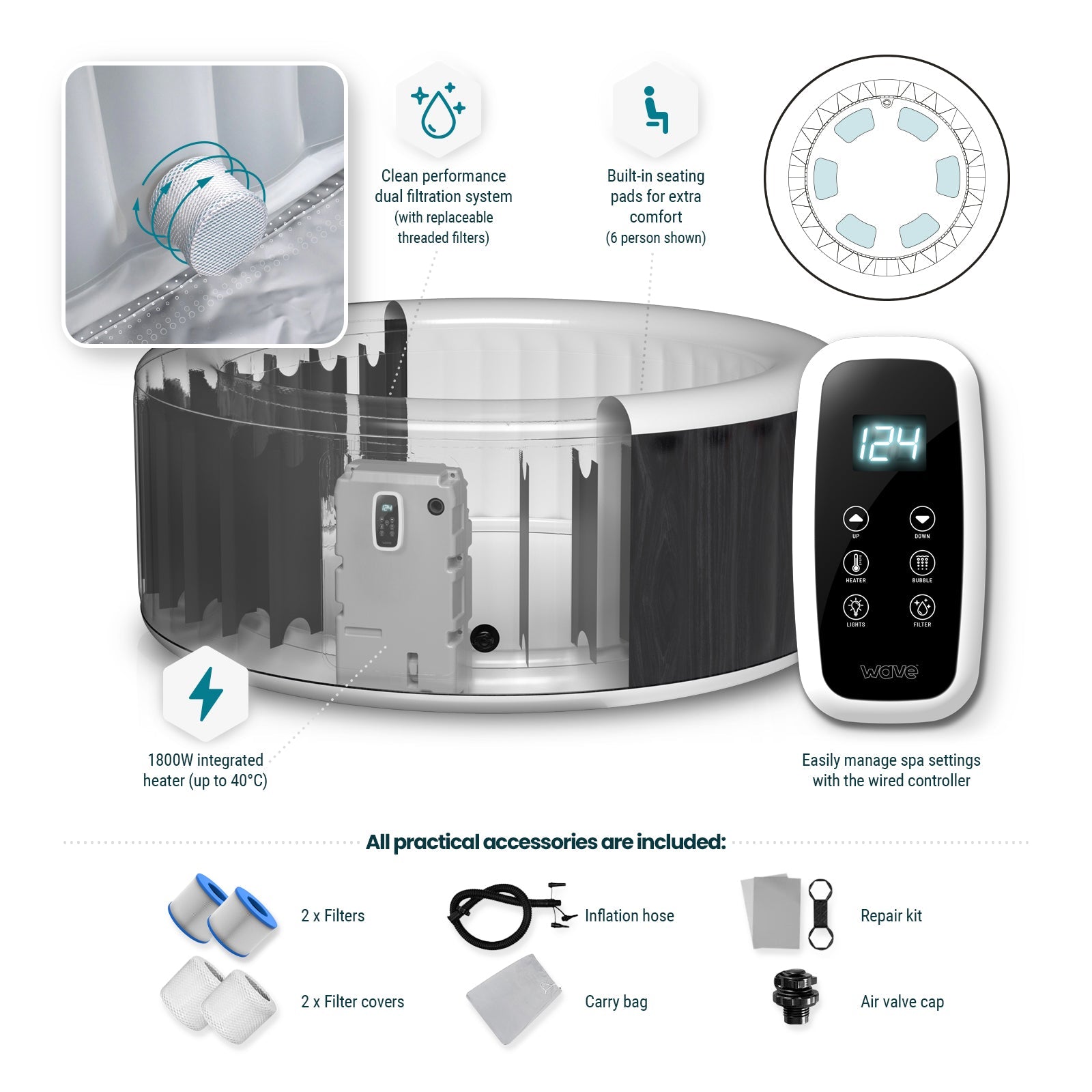 Atlantic | 4/6-Person Inflatable Hot Tub | Integrated Heater Inflatable Spas Wave Spas