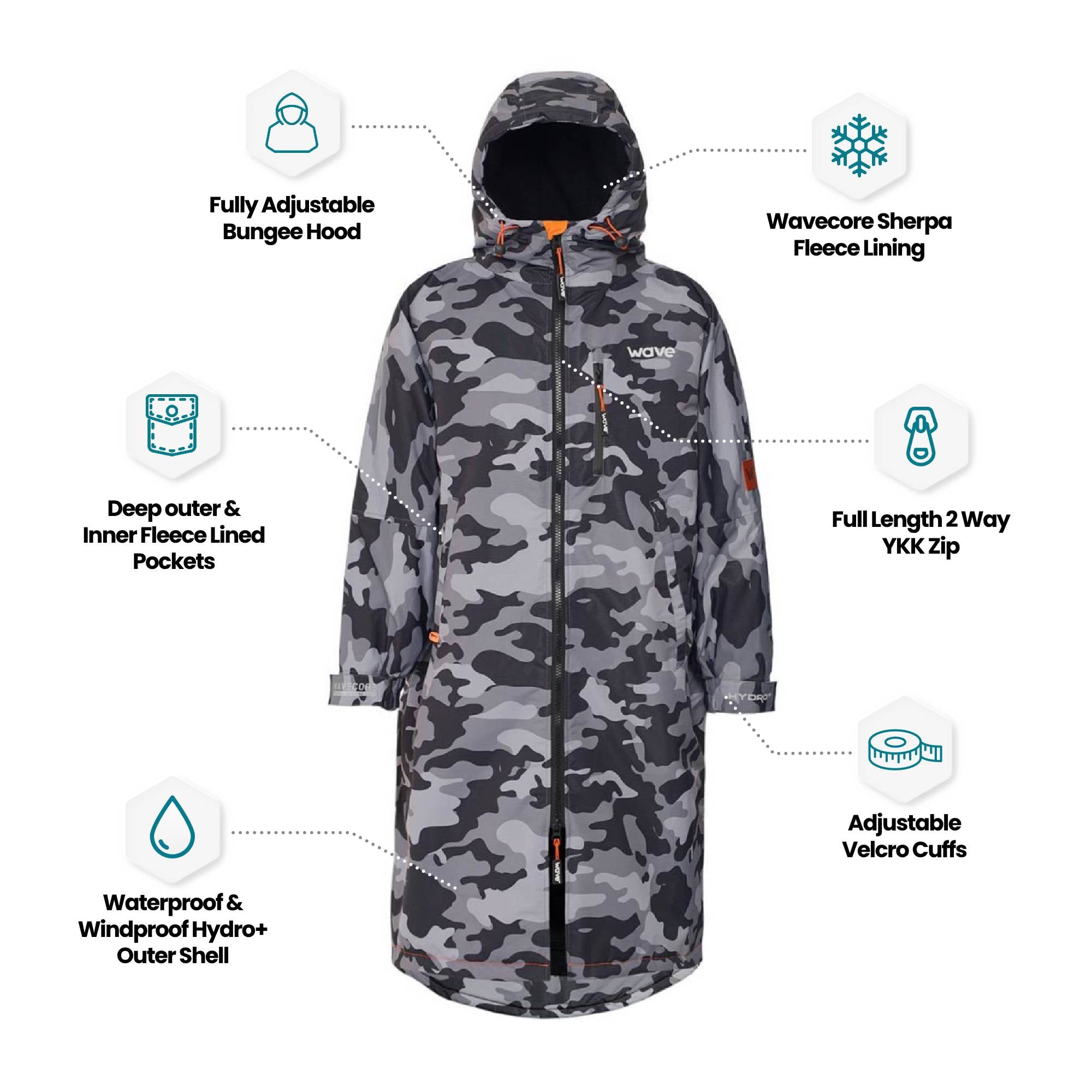 Fleece-Lined Hot Tub Changing Robe | Waterproof & Windproof | Unisex | Grey Camouflage Robes Wave Spas