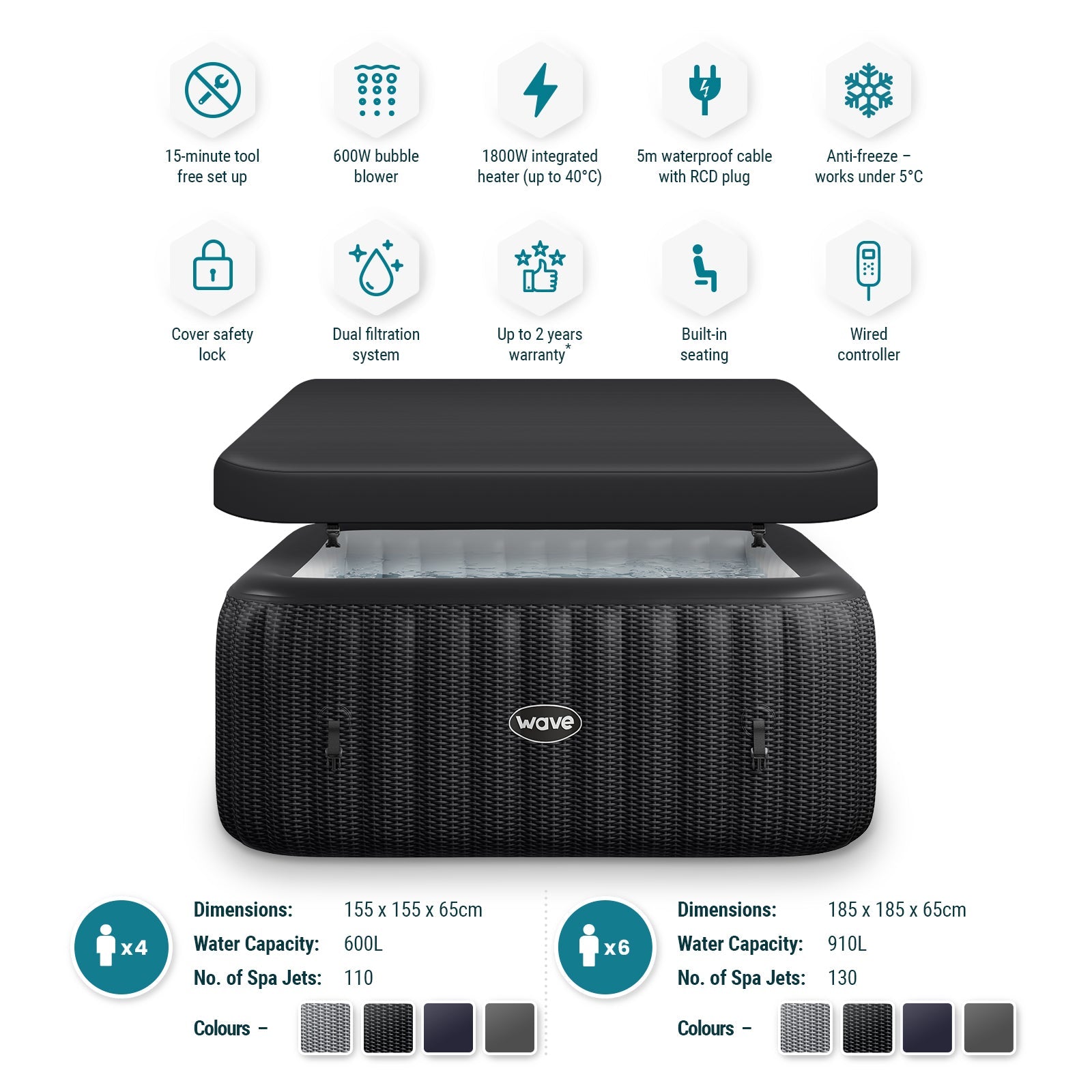 Pacific | 4/6-Person Inflatable Hot Tub | Integrated Heater | Slate Rattan Inflatable Spas Wave Spas