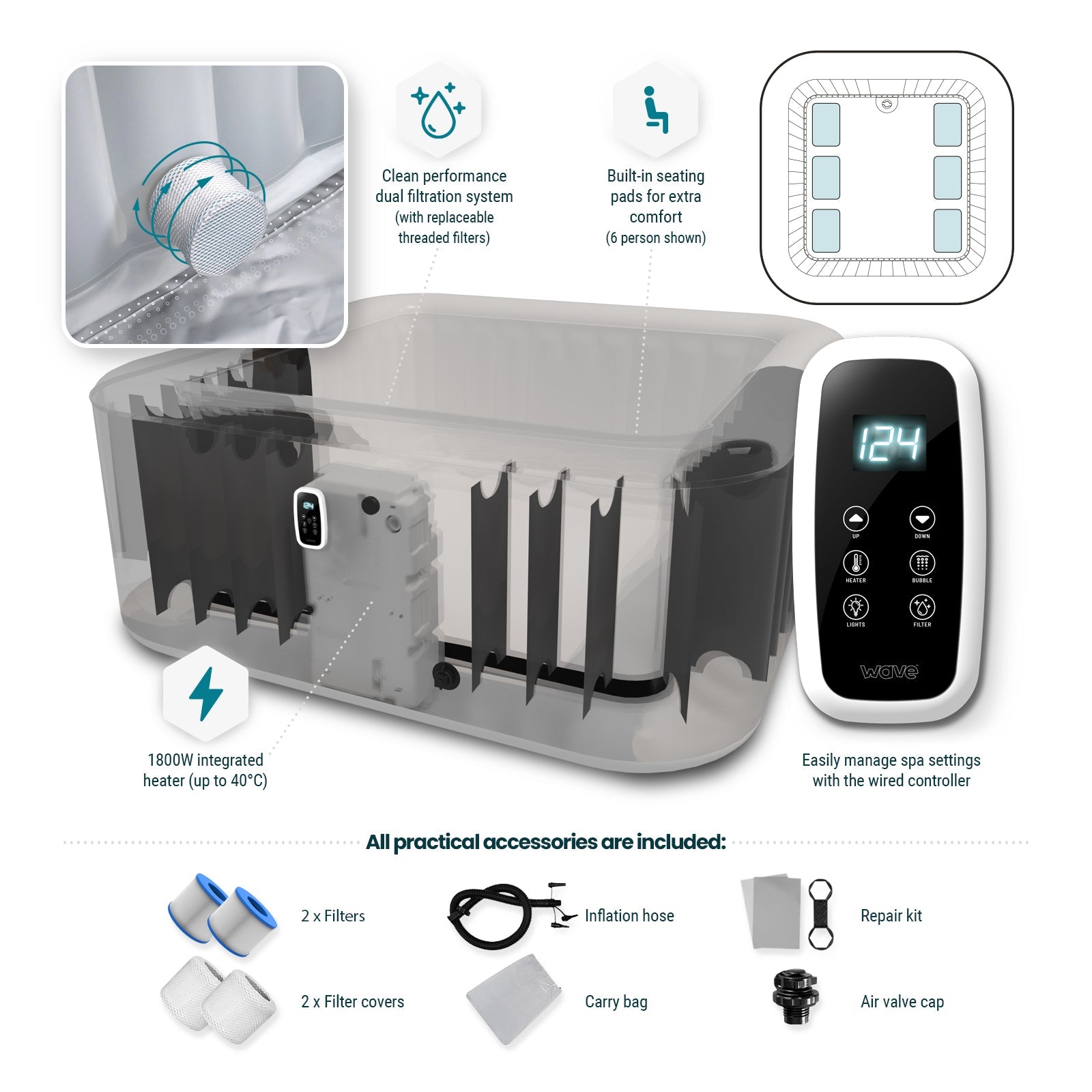 Pacific | 4/6-Person Inflatable Hot Tub | Integrated Heater Inflatable Spas Wave Spas