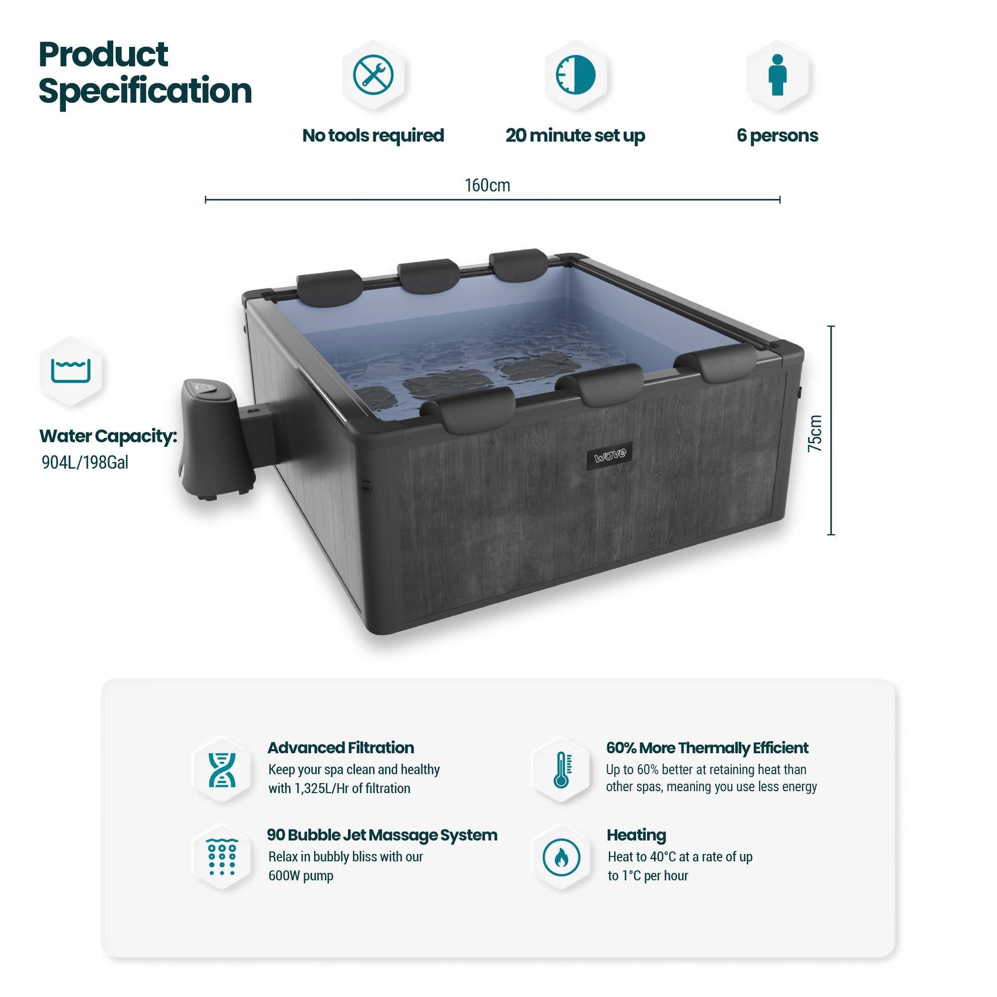 Adriatic | 6 Person Square Aluminium Frame Hot Tub | Black Wood Frame Spa Wave Spas UK