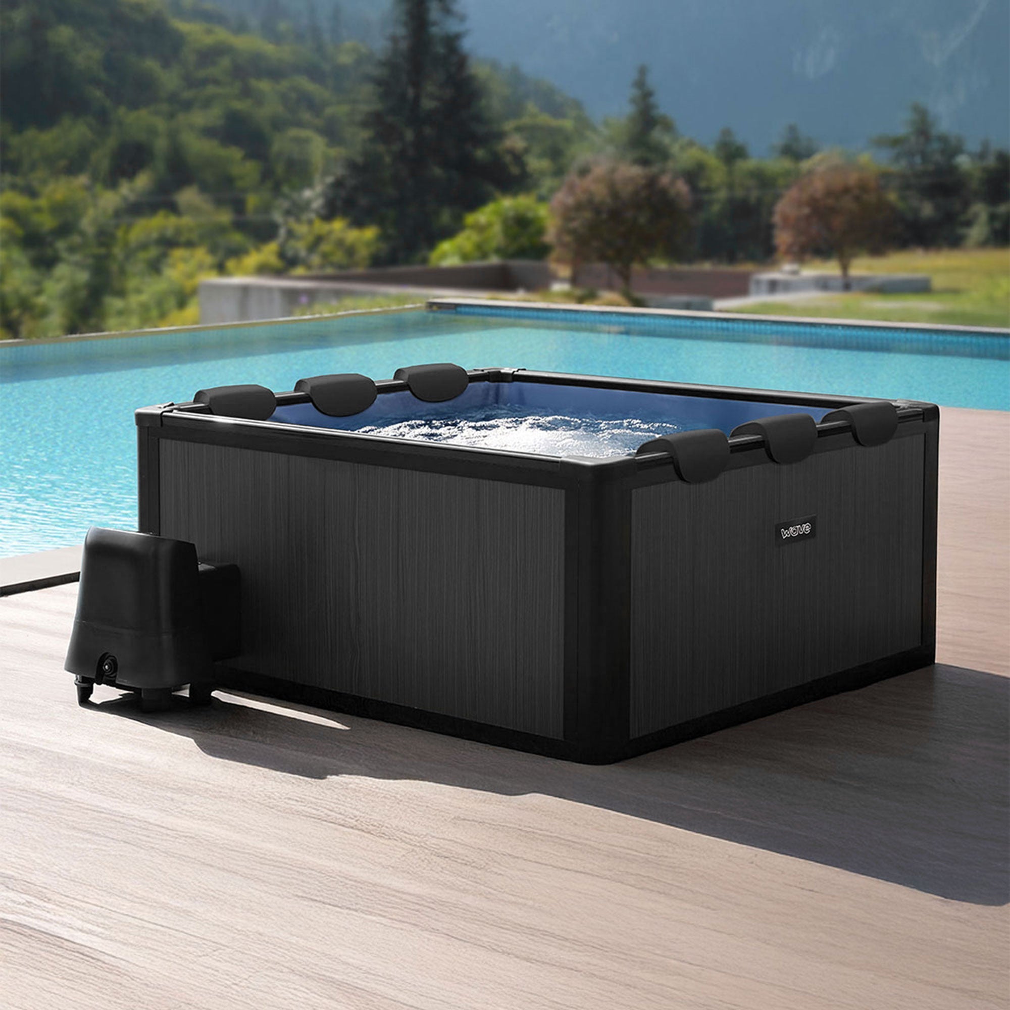 Adriatic | 6 Person Square Aluminium Frame Hot Tub | Black Wood Frame Spa Wave Spas UK data-contona-source
data-contona-persona