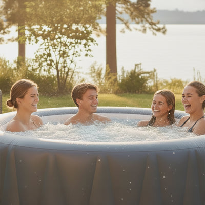 Close-up view of the Wave Spas Atlantic 4-Person Inflatable Hot Tub. The image showcases the high-quality black PVC material and the integrated digital control panel on the heater unit. Positioned in a modern garden setting, this shot emphasizes the premium build and user-friendly interface of the Atlantic model.