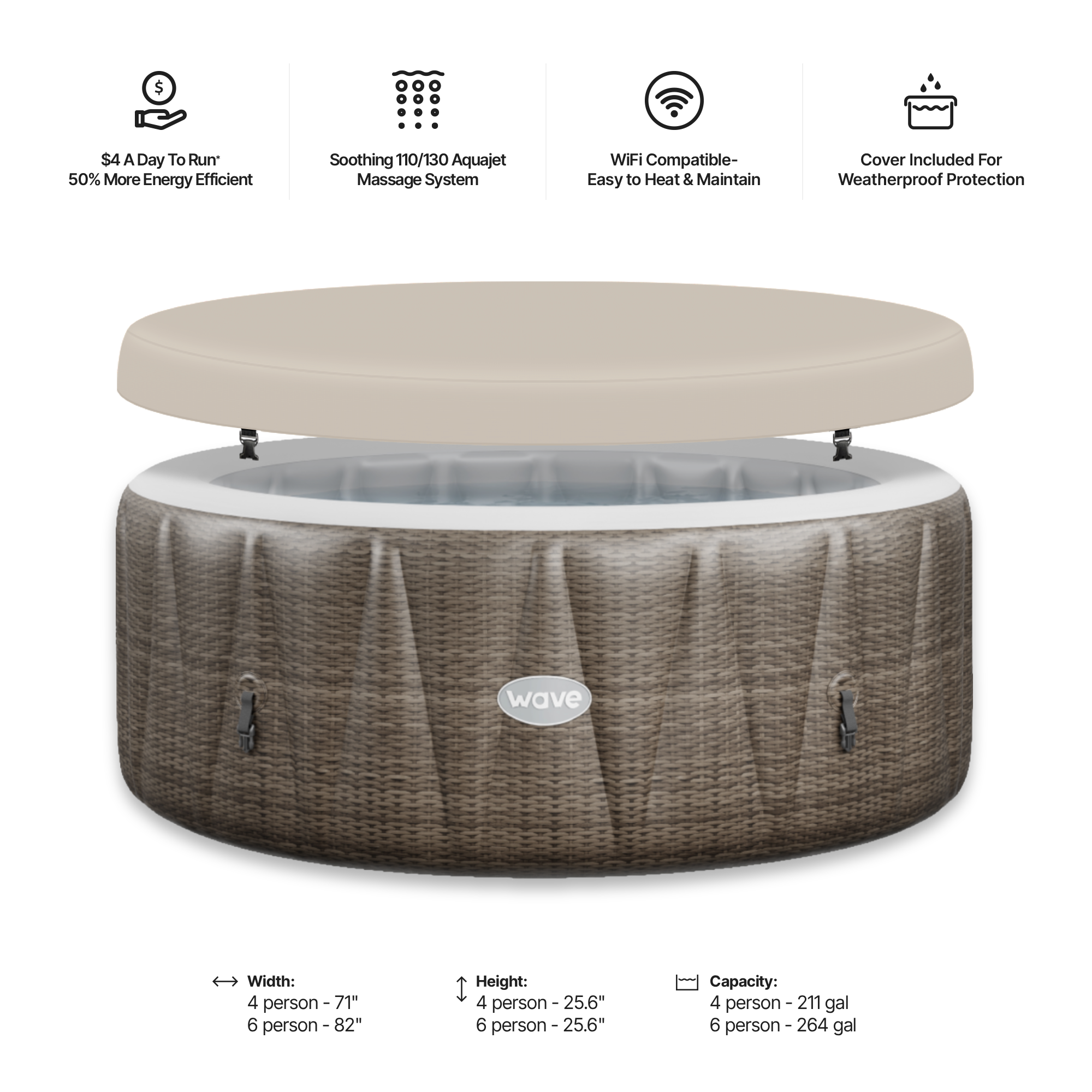 Technical dimensions and specifications for the Wave Spas Atlantic 4-Person Inflatable Hot Tub in Brown Rattan. The diagram illustrates an external diameter of 180cm, an internal diameter of 140cm, and a height of 65cm. Performance specs include a 110-jet massage system and an 800L water capacity, featuring a classic brown rattan-effect print.