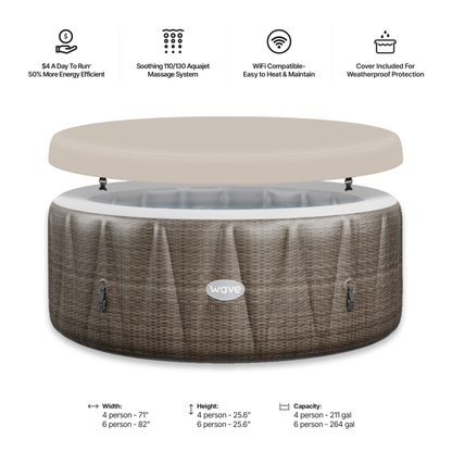 Technical dimensions and specifications for the Wave Spas Atlantic 4-Person Inflatable Hot Tub in Brown Rattan. The diagram illustrates an external diameter of 180cm, an internal diameter of 140cm, and a height of 65cm. Performance specs include a 110-jet massage system and an 800L water capacity, featuring a classic brown rattan-effect print.