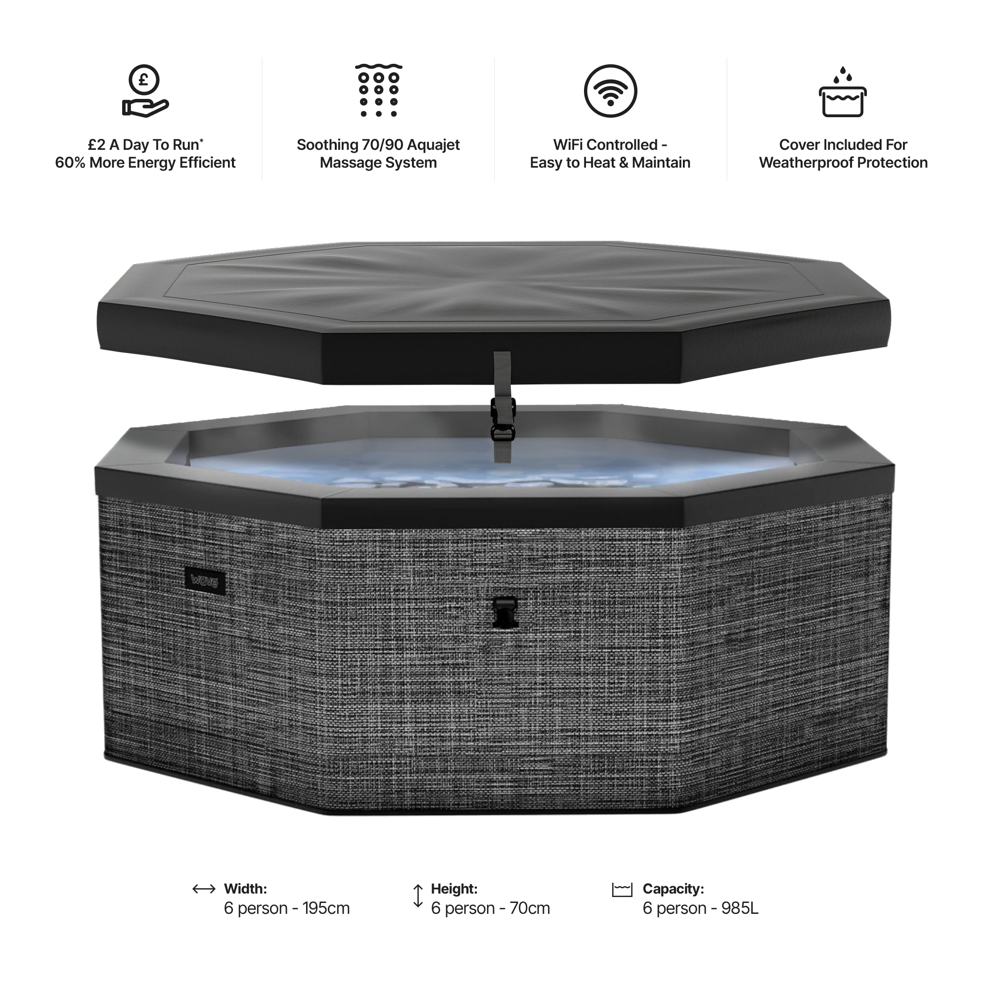 Flint grey Wave Como hot tub dimensions showing 195cm width and 70cm depth