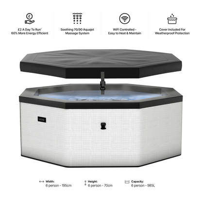 Pebble white Wave Como hot tub dimensions showing 195cm width and 70cm depth