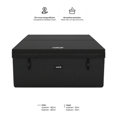 Dimensions diagram for Wave Spas Garda 4-person round hot tub showing width, height, and 800L water capacity.