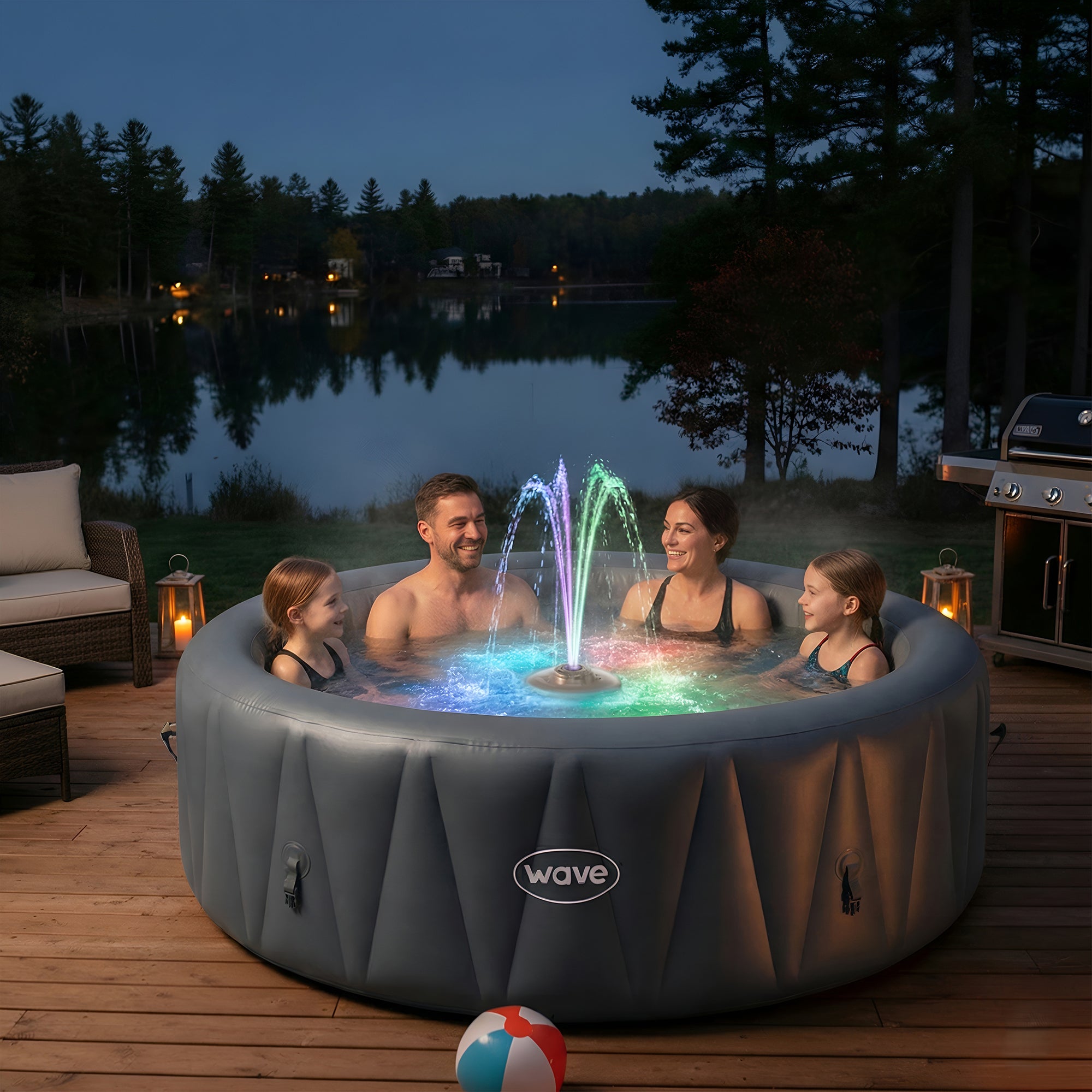 Rechargeable Wave Spas floating fountain and light show accessory for hot tubs and pools with blue LED illumination.