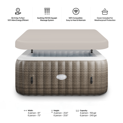 Technical dimensions and specifications for the Wave Spas Pacific 4-Person Inflatable Hot Tub in Brown Rattan. The diagram shows a 180cm external diameter, 140cm internal diameter, and a 65cm height. Includes key performance data: 800L water capacity and 110 powerful massage jets, styled with a natural brown rattan print.