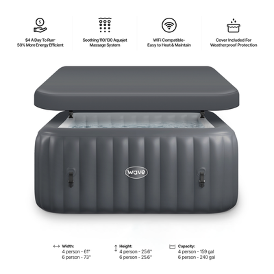 Technical dimensions and specifications for the Wave Spas Pacific 4-Person Inflatable Hot Tub. The top-down and side-view diagrams show an external diameter of 180cm, an internal diameter of 140cm, and a height of 65cm. Key specifications include an 800L water capacity and 110 powerful massage jets.