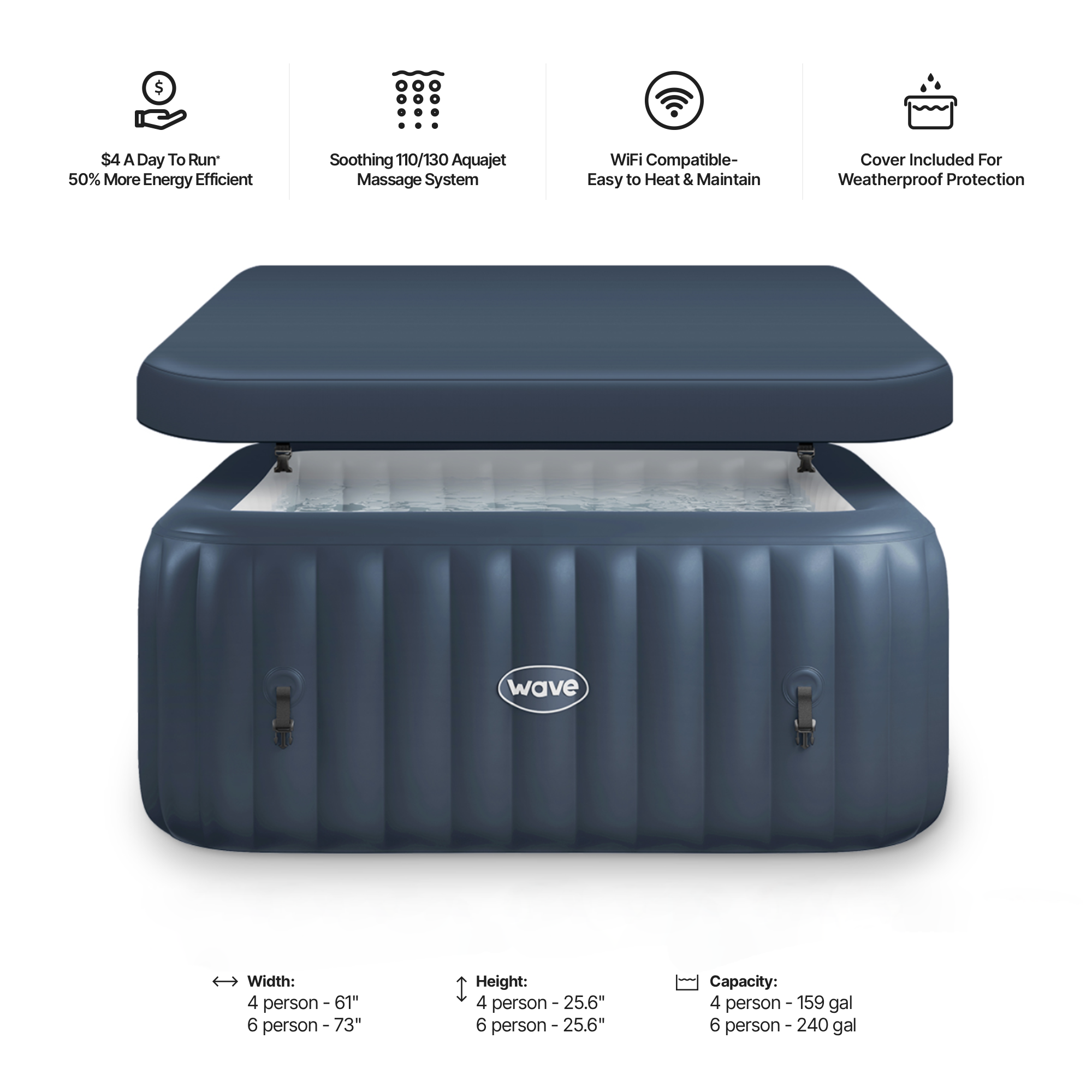 Technical dimensions and specifications for the Wave Spas Pacific 4-Person Inflatable Hot Tub in Navy Blue. The diagram illustrates an external diameter of 180cm, an internal diameter of 140cm, and a height of 65cm. Key performance data includes an 800L water capacity and 110 powerful massage jets.