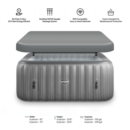 Technical dimensions for the Wave Spas Pacific 4-Person Rattan Inflatable Hot Tub. The diagram illustrates an external diameter of 180cm, an internal diameter of 140cm, and a total height of 65cm. Specifications include a 110-jet massage system and an 800L water capacity, designed with a stylish rattan print exterior.