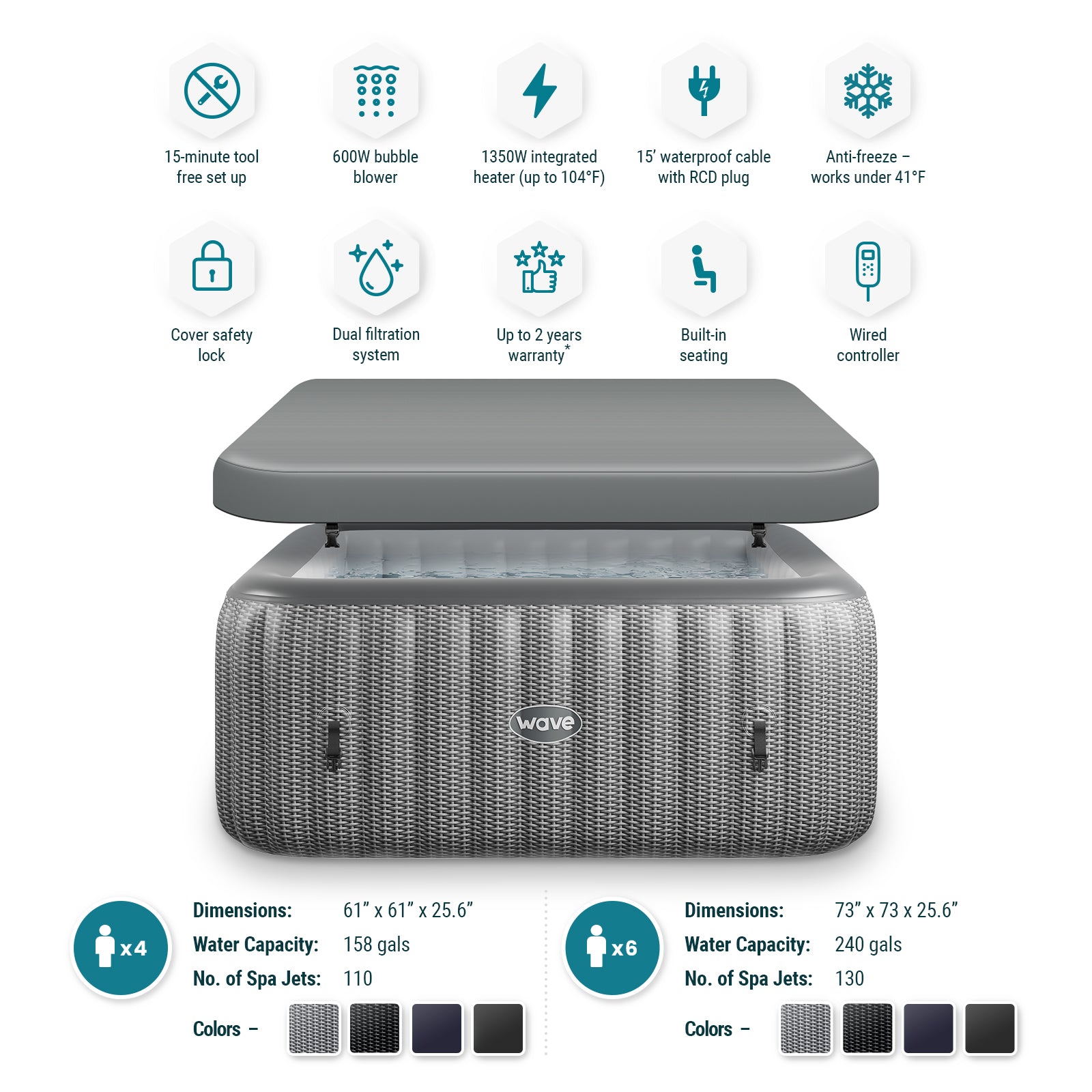 Pacific | 4/6-Person Inflatable Hot Tub | Integrated Heater | ETL