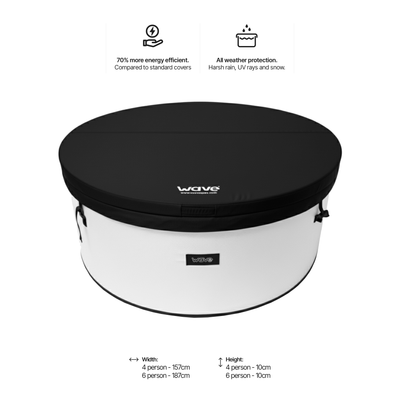 Dimensions diagram for Wave Spas Tahoe 2-4 person square hot tub showing width, height, and 700L water capacity.