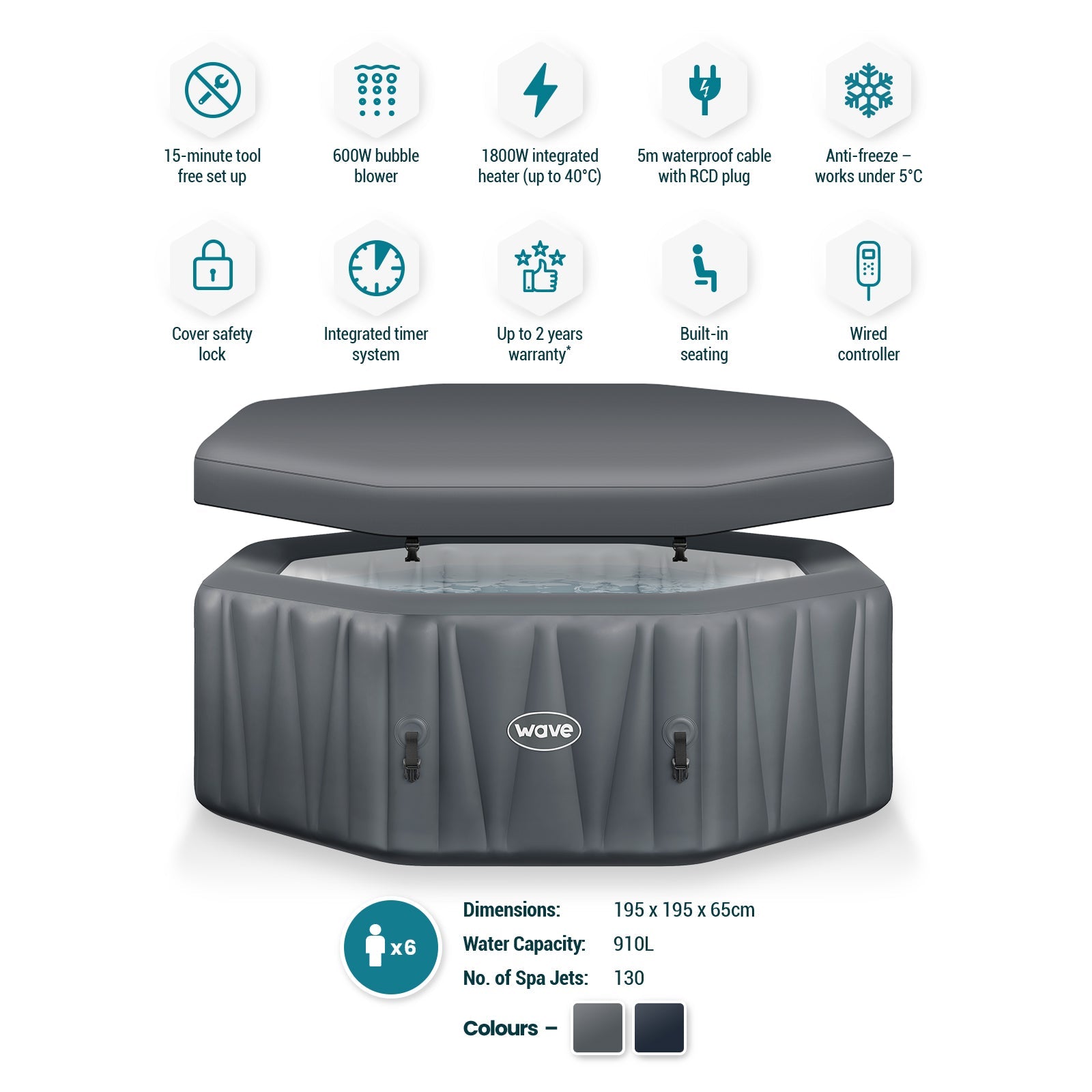 Aegean | 6-Person Inflatable Hot Tub | Integrated Heater | Dark Grey Inflatable Spas Wave Spas