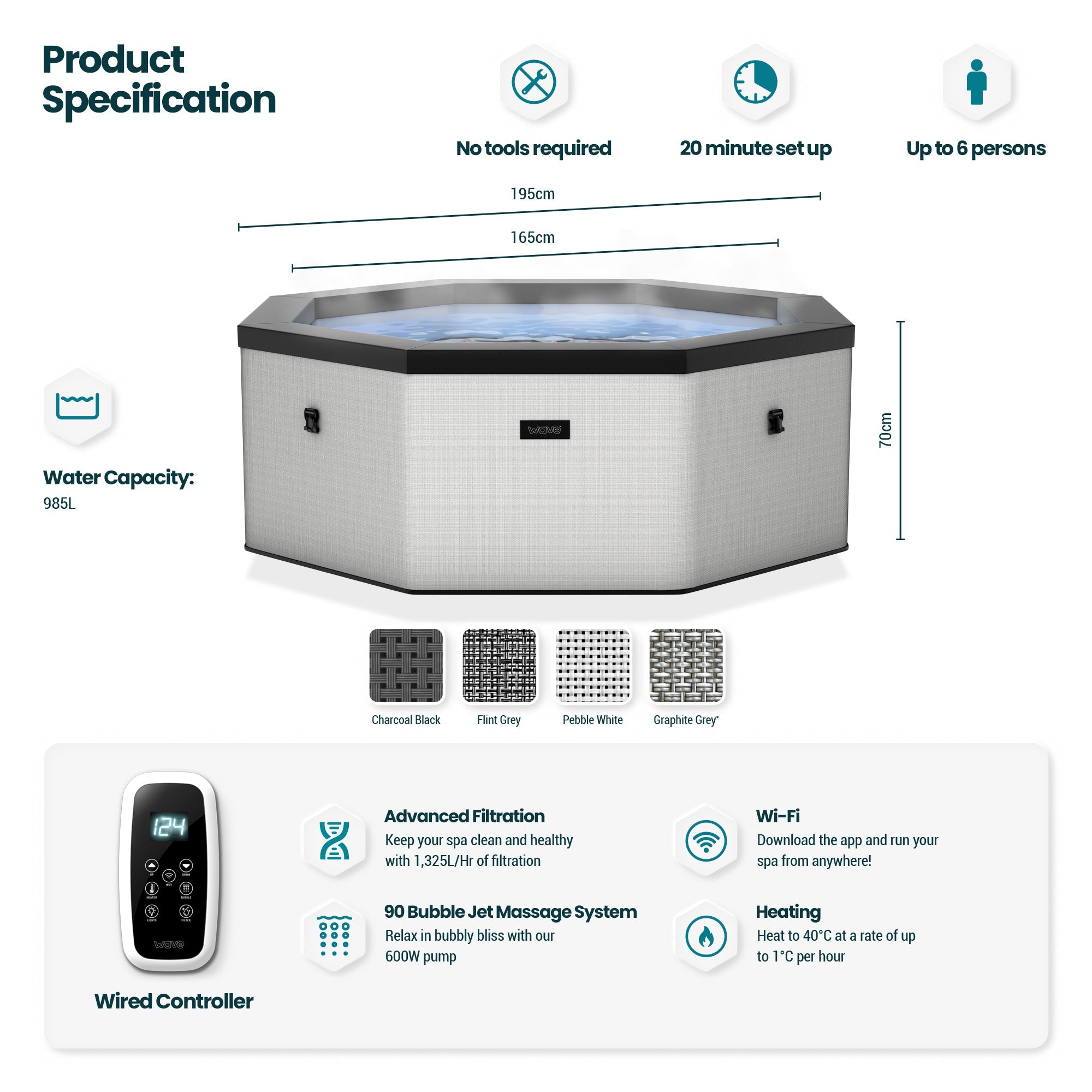 Como | 6-Person Eco Foam Hot Tub | Built-In Integrated Heater | Flint Grey - Wave Spas UK