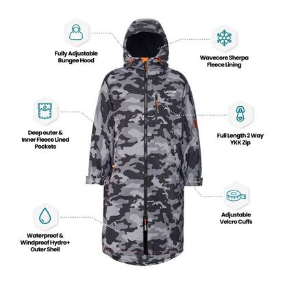 Fleece-Lined Hot Tub Changing Robe | Waterproof & Windproof | Unisex | Grey Camouflage Robes Wave Spas