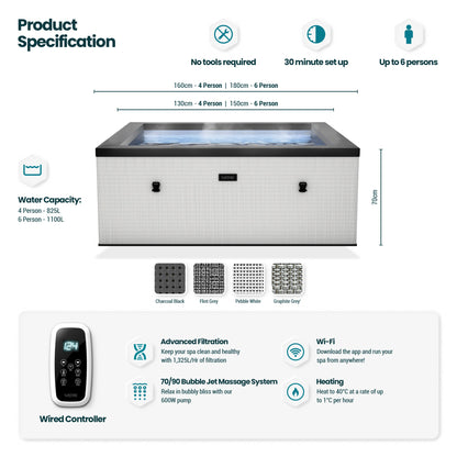 Garda | 4/6-Person Eco Foam Hot Tub | Built-In Integrated Heater | Pebble White Foam Eco Spas Wave Spas   