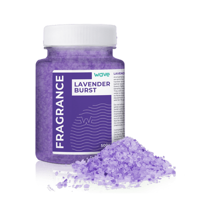 Wave Spas 500g Lavender Burst Aromatherapy Scent Crystals for hot tubs and spas. These calming lavender-infused salts are specially formulated to dissolve quickly in warm water, providing a relaxing aromatic experience without clouding the water or affecting the pH balance.