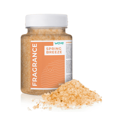 Wave Spas 500g Spring Breeze Aromatherapy Scent Crystals for hot tubs and spas. These specially formulated fragrance salts are designed to dissolve quickly in warm water, providing a refreshing floral scent without affecting the water chemistry or clogging the filtration system.