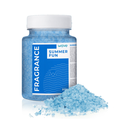 Wave Spas 500g Summer Fun Aromatherapy Scent Crystals for hot tubs and spas. These uplifting, summer-inspired salts are formulated to dissolve instantly in warm water, offering a bright and refreshing fragrance that won't disrupt water chemistry or clog your spa’s filter.