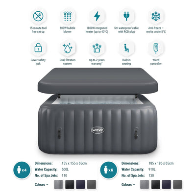 Pacific | 4/6-Person Inflatable Hot Tub | Integrated Heater Inflatable Spas Wave Spas