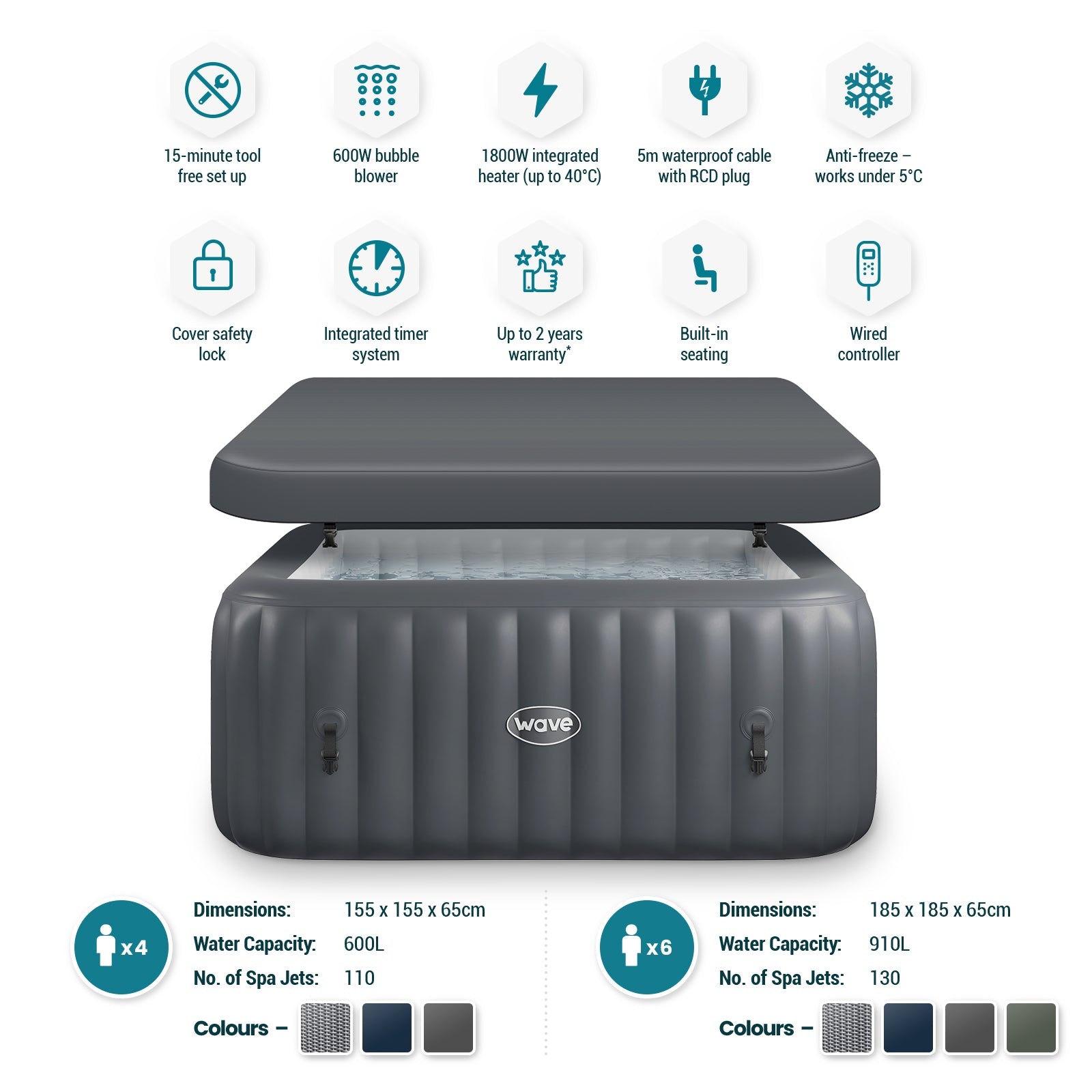 Pacific | 4/6-Person Inflatable Hot Tub | Integrated Heater | Dark Grey Inflatable Spas Wave Spas