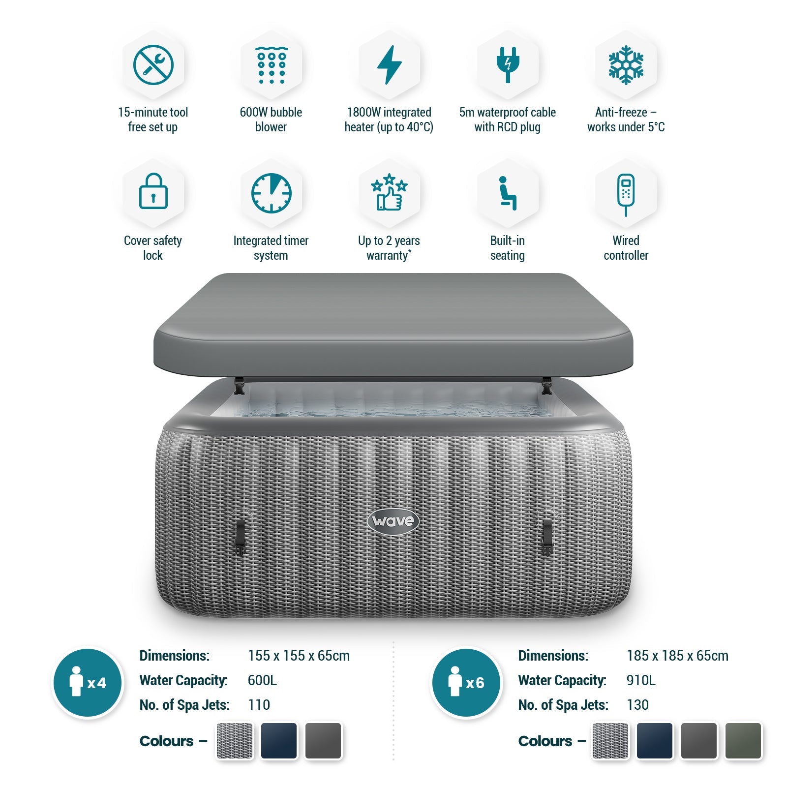 Pacific | 4/6-Person Inflatable Hot Tub | Integrated Heater | Grey Rattan Inflatable Spas Wave Spas