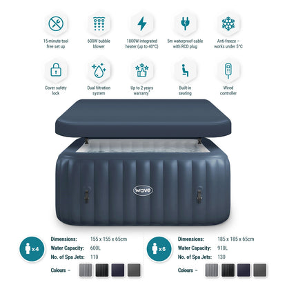 Pacific | 4/6-Person Inflatable Hot Tub | Integrated Heater | Navy Inflatable Spas Wave Spas