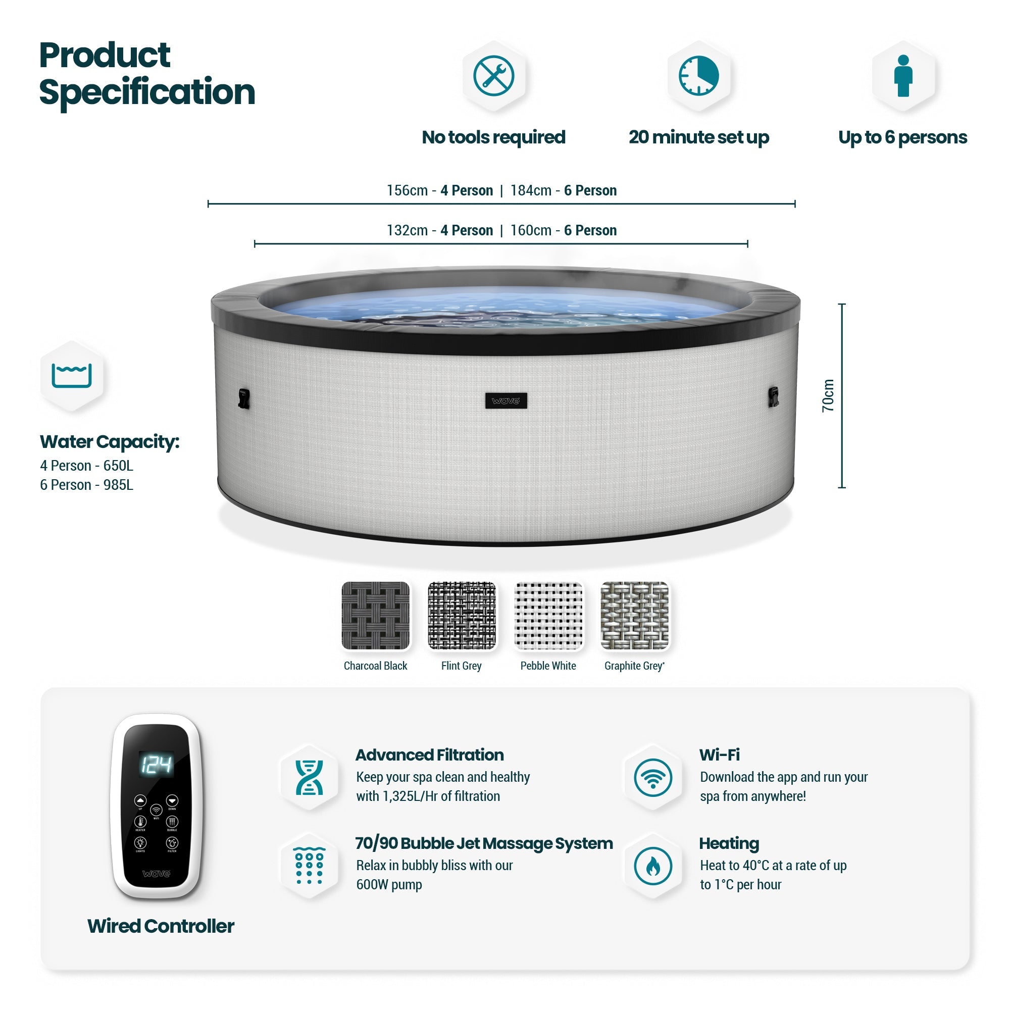 Tahoe | 4/6-Person Eco Foam Hot Tub | Built-In Integrated Heater | Pebble White - Wave Spas UK