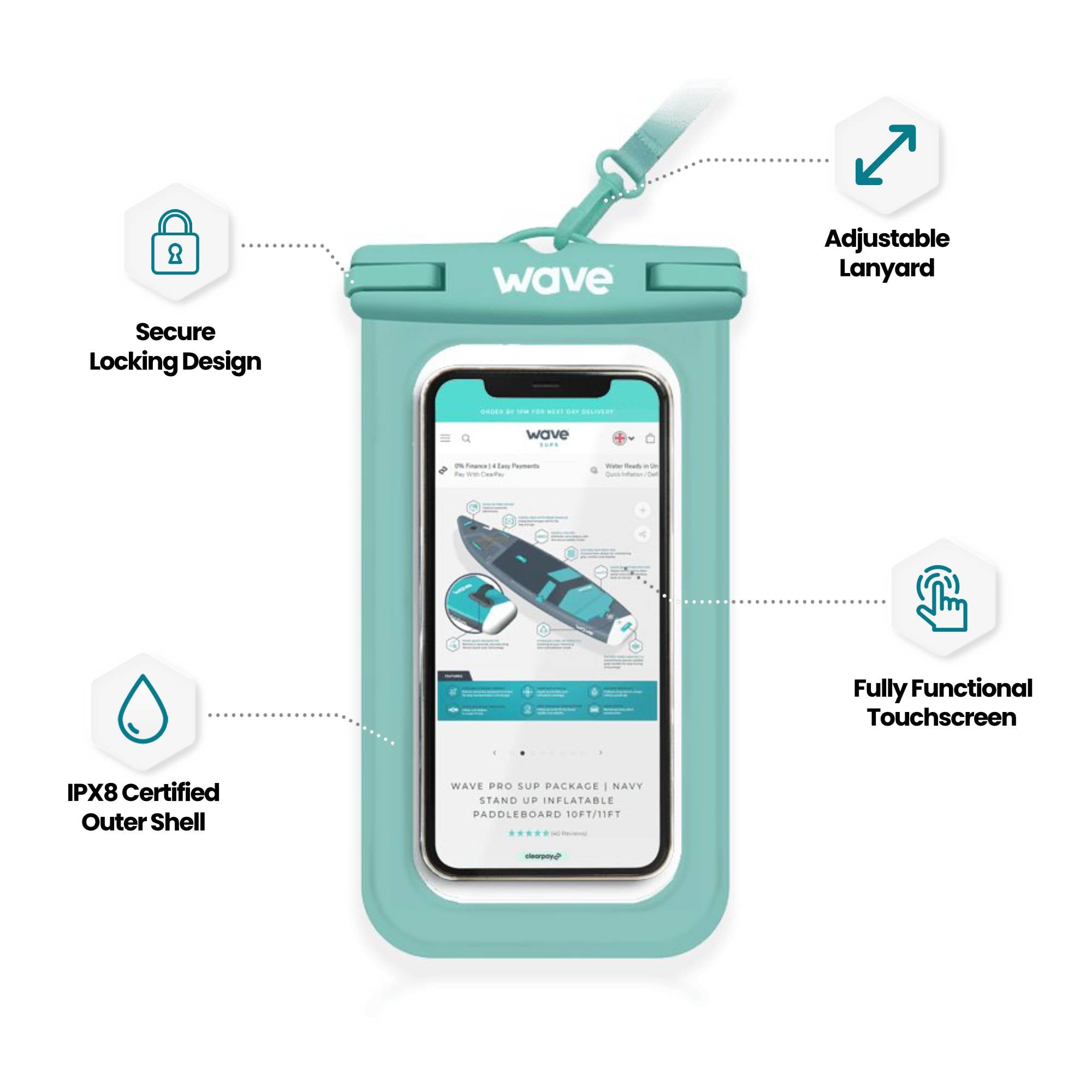 Waterproof Phone Cover | Aqua Green SUP Accessories Wave Spas