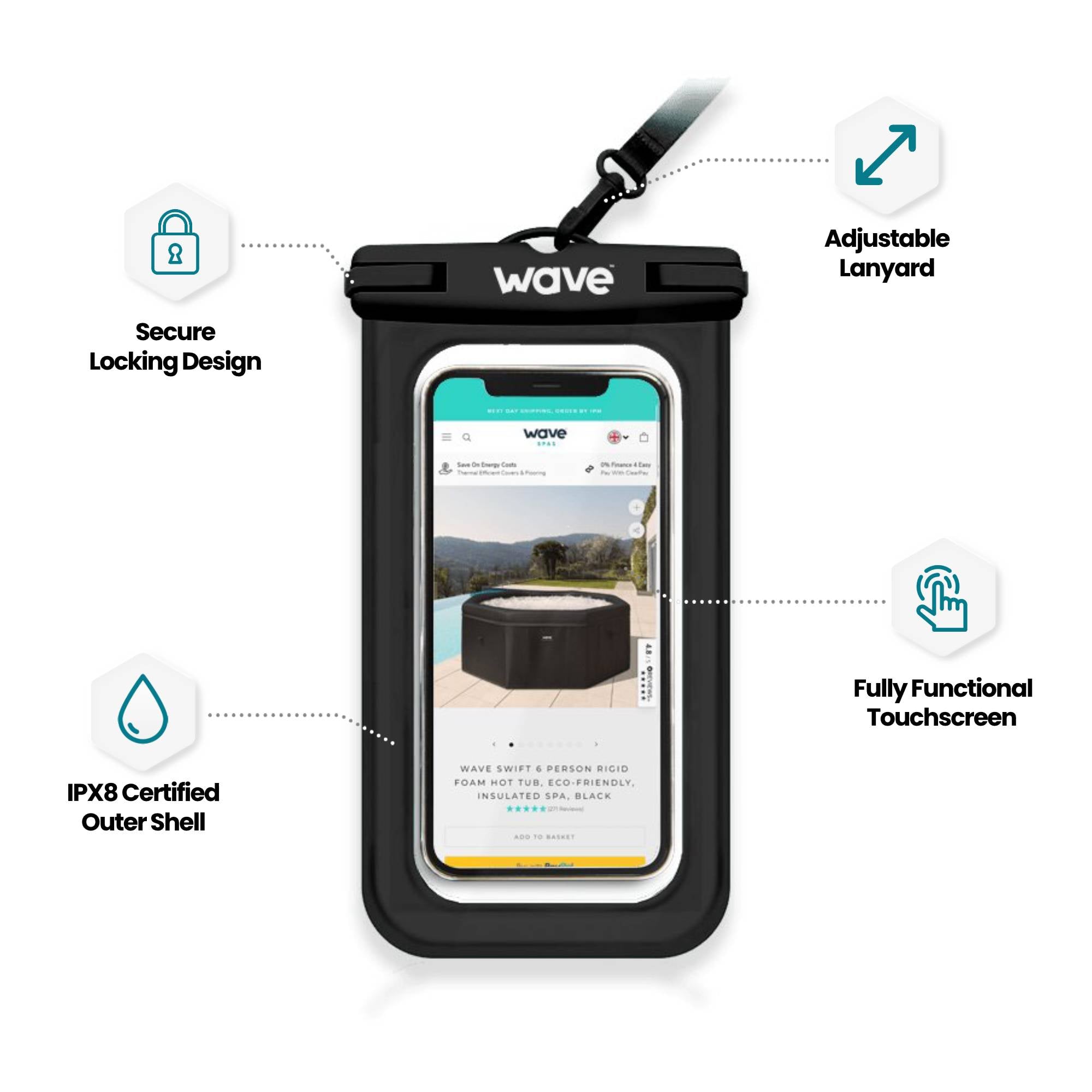 Waterproof Phone Cover | Black SUP Accessories Wave Spas