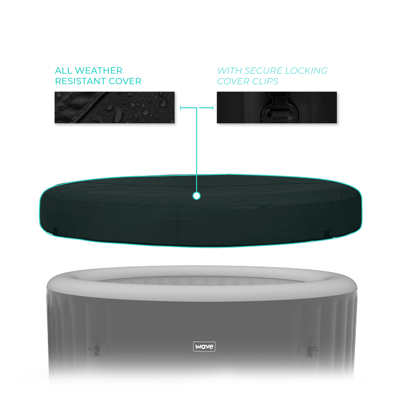 Wave Spas Atlantic Black 4-Person Round Cover – weather-resistant PVC hot tub lid with integrated safety locking system.
