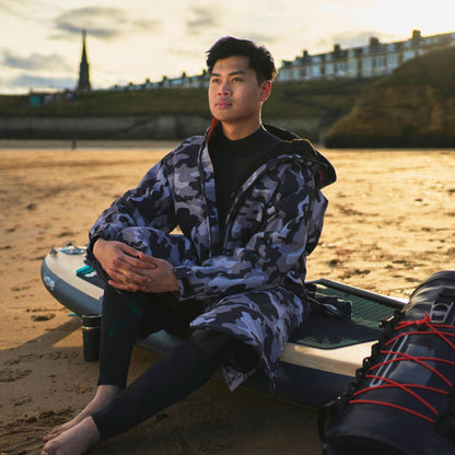 Fleece-Lined Hot Tub Changing Robe | Waterproof & Windproof | Unisex | Grey Camouflage Robes Wave Spas